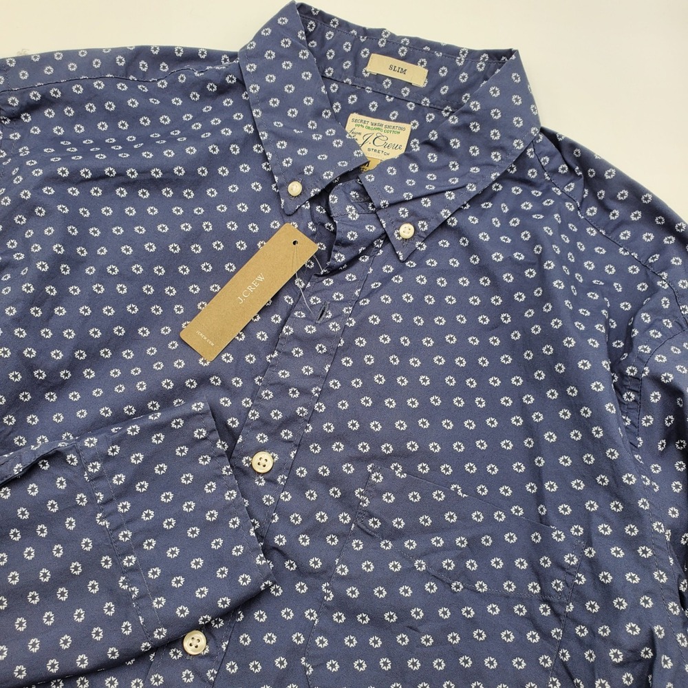 J.Crew Mens Slim Secret Wash Shirt Navy Geometric Starburst AC001 Size M NWT